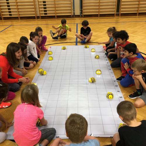 Die Kinder der 1a bei der Arbeit mit den Bee-Bots