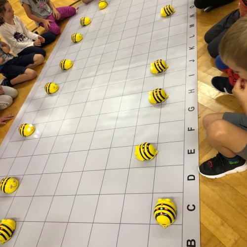 Die Kinder der 1a bei der Arbeit mit den Bee-Bots