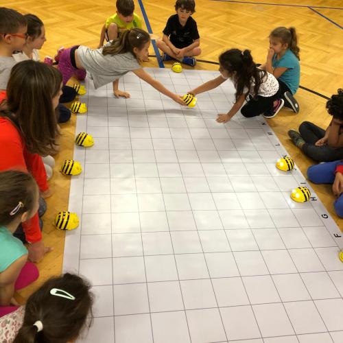 Die Kinder der 1a bei der Arbeit mit den Bee-Bots