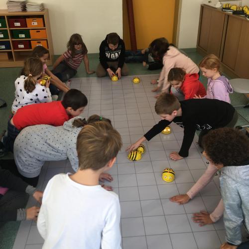 Die Kinder programmieren die Bee-Bots.